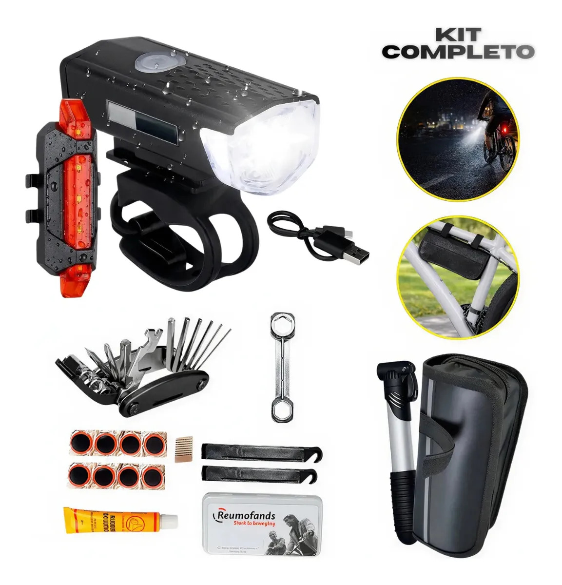 Kit Bike Farol Lanterna Recarregável Bicicleta Frontal Traseiro A Prova D'água + Estojo Kit Ferramentas Bicicleta Acessórios Bolsa Quadro Bike Com Reparo Pneu Bomba De Ar Remendo C
