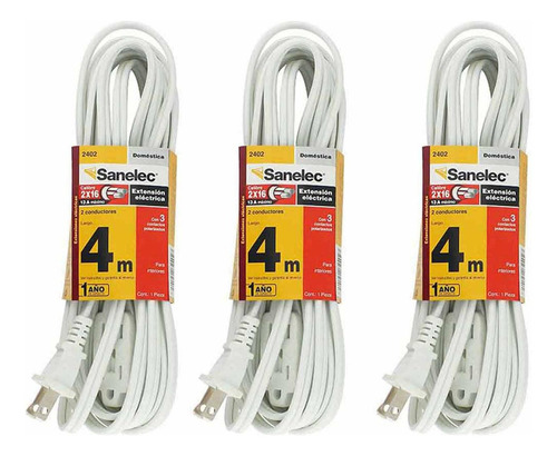 Extension Electrica Domestica 4m Blanca 2402 Sanelec 3pzs