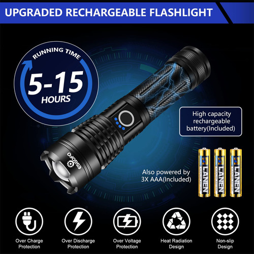 Linterna Led Recargable 20000 Lúmenes, Impermeable Y Táctica