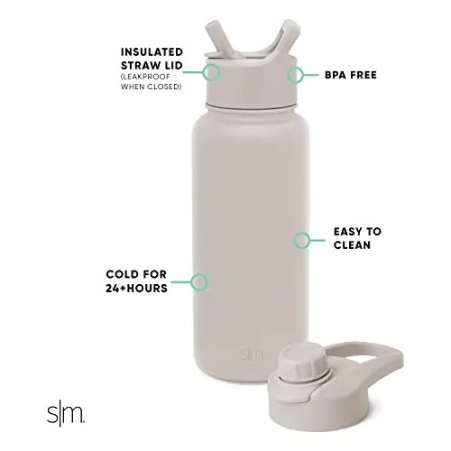 Botella de agua deportiva con aislamiento y pajilla, botella de agua  deportiva de 1 L, reutilizable al vacío de acero inoxidable 18/8, termo  moderna