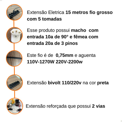 Extensão Elétrica 15 Metros 10/20a Cabo Reforçado Cor Preto
