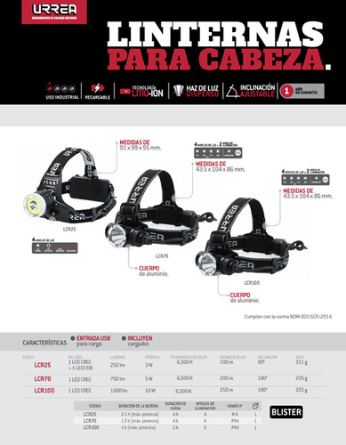 Linterna De Led Para Cabeza Recargable De 250 Lm Urrea