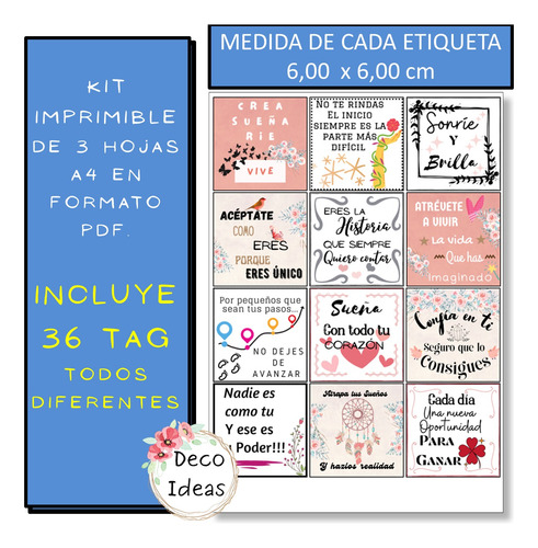 Kit Imprimible 02 Frases Color Stikers Tag Topper Emprender