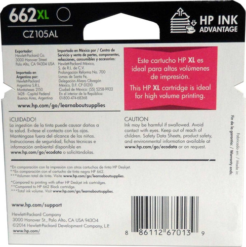 Cartucho Tinta Hp 662xl Negro Cz105al Original Alto Rendimie