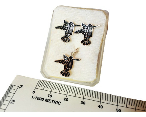 Juego De Aretes Y Dije De Colibri En Negro | Plata .925