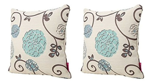 Juego De 2 Almohadas De Tela, Diseño Floral Blanco Y Azul