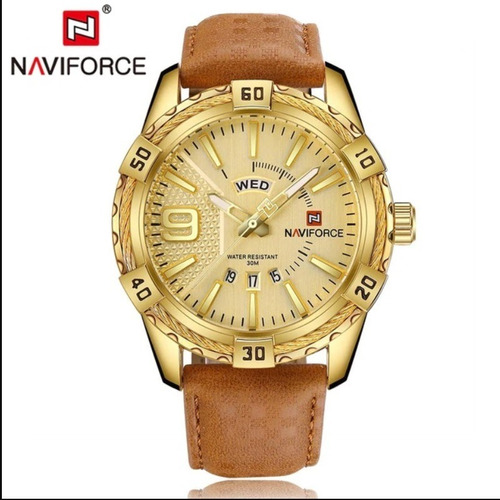 Relógio Naviforce Original De Couro Dourado Masculino Novo
