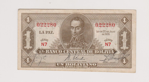 Billete Bolivia 1 Boliviano Año 1928 Muy Bueno ++ (128a)