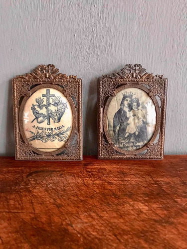 Muy Antiguos Porta Retratos Con Imágenes Religiosas Bronce ! (Usado)