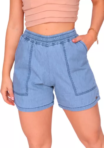 Short jeans feminino cintura alta com bolsos e elástico no cós
