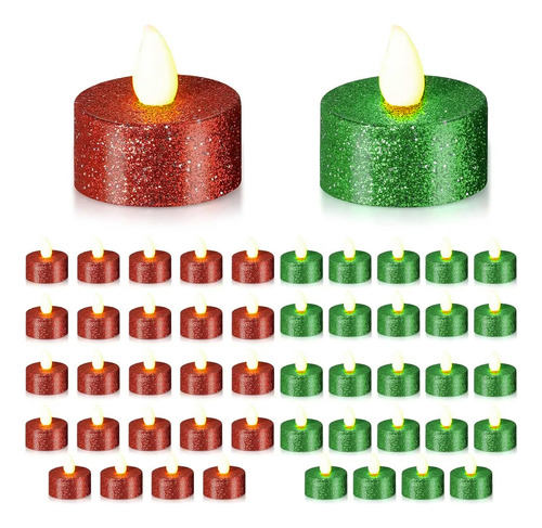 48 Velas Brillantes Con Decoración Navideña Roja Y Verde