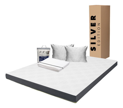 Colchón Matrimonial En Caja 10cm + Juego Sábanas Y Almohada Blanco Con Gris