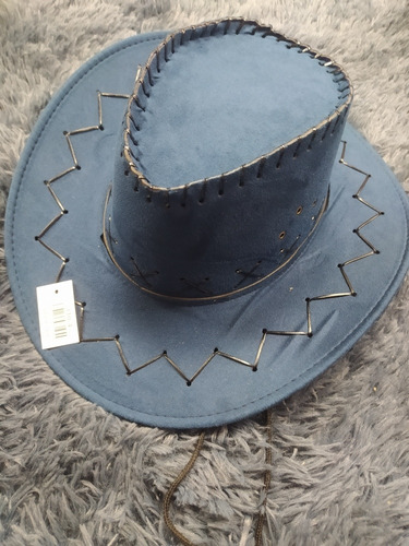 Sombrero Estilo Vaquero Gamuza .con Diseño. Azul Acero.
