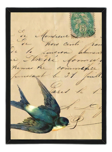Quadro Vintage Andorinha Carta Antiga 24x18cm Madeira Preta
