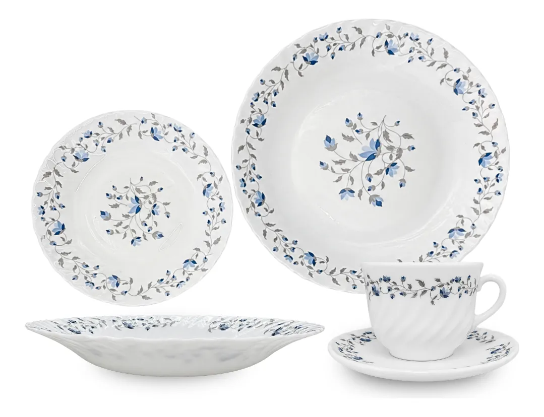 Aparelho De Jantar 20 Peças Vidro Opaline Para Mesa Posta Branco Floral