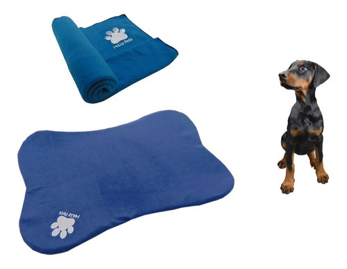 Cama En Forma De Hueso Para Mascotas + Cobija Grande Color Azul Claro