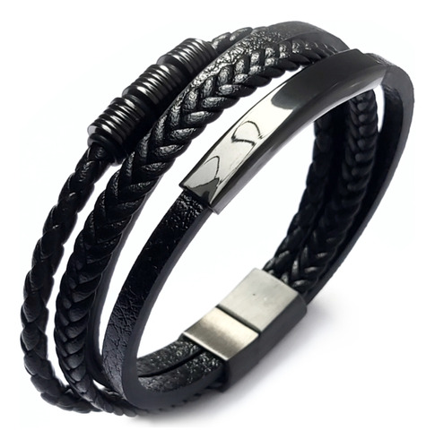 Pulsera Cuero Trenzado Apliques Acero Quirurgico Negro 316l