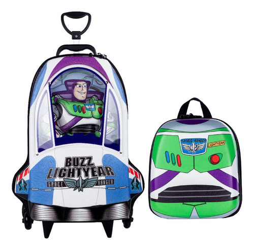 Mochila Escolar Toy Story Buzz Nave Lancheira 3d Rodinhas Cor Preto Desenho do tecido Buzz Lightyear