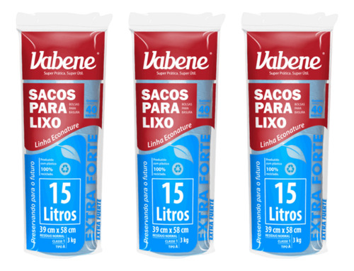 Saco De Lixo Azul 15 Litros 40 Unidades Vabene 3 Pacotes