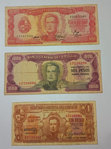 Serie De 3 Billetes Uruguay 1-100-1000 Pesos Vf