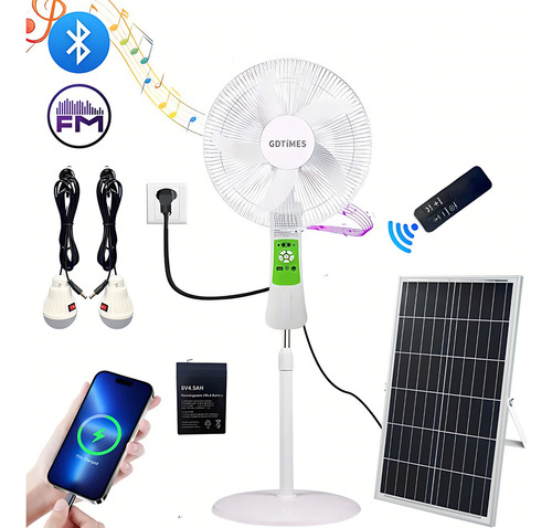 Ventilador De Piso Solar Recargable De Batería Silencioso 16 Pulgadas Con Luz Led Y Control Remoto,9 Velocidades Ajustables, 180° Giratorio