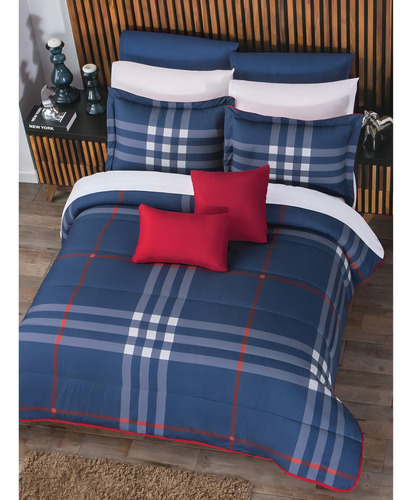 Edredón Escocia King Size Xl C/fundas Y Cojines Concord Color Azul Marino