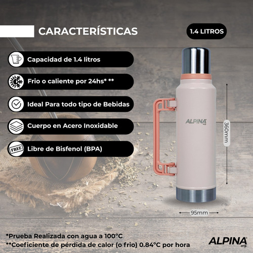 Termo Acero Inoxidable Con Pico Cebador Alpina 1.4 Litros Rosa