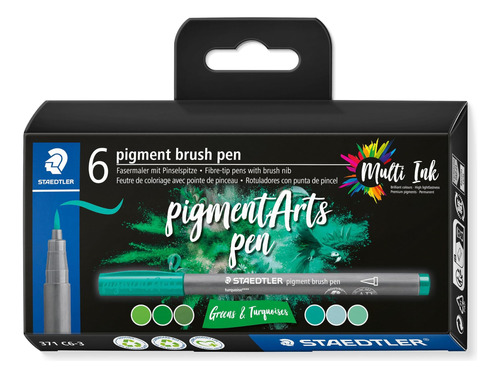 Staedtler Pigment Arts Brush Pen, Pincel Verde Y Turquesa, 6