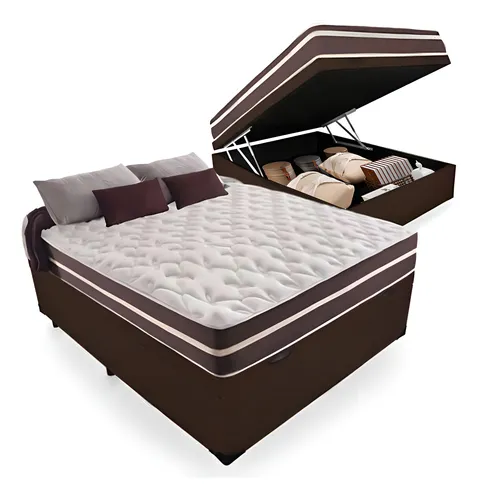 Cama Box Baú Casal + Colchão De Molas Classic Superlastic Cor Marrom