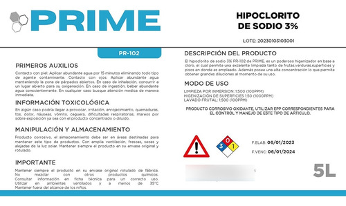 Imagen 2 de 2 de Hipoclorito De Sodio (cloro) 3% Prime 5 Lts.
