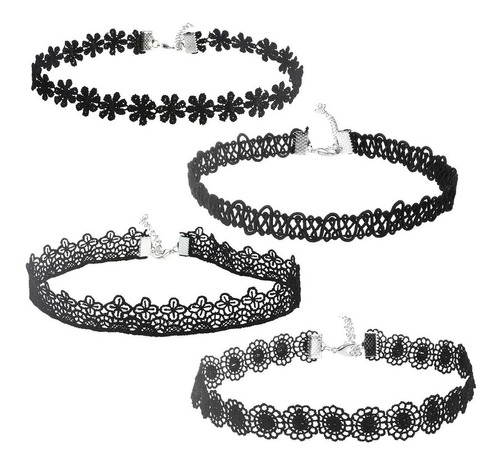 4 Gargantillas De Mujer Gótico Negro Tatuaje Collar Retro Pu