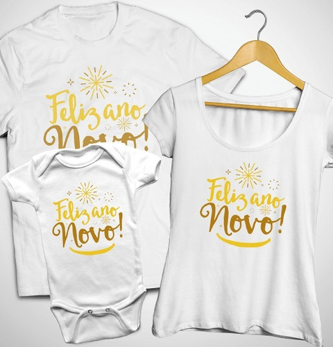 Kit Trio Camiseta Body Bebe Branco Festa Ano Novo Familia