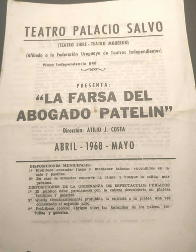 Antiguo Programa Teatro Palacio Salvo.