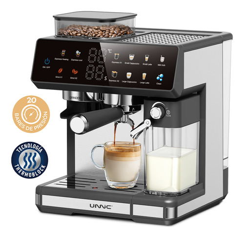 Cafetera Unnic Espresso Con Molinillo Granos Digital Tactil Con Deposito De Leche Acero Inoxidable Para Barista De 20 Bares 1350w Espumador 2.6 L Calienta Tazas Café Caliente Frio Desayuno Color Negro