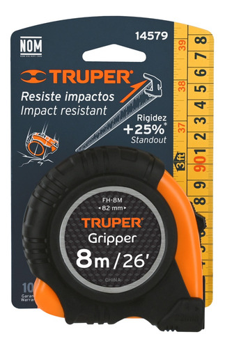 Flexómetro Gripper, Contra Impacto, 8 M, Cinta 25 Mm. Truper