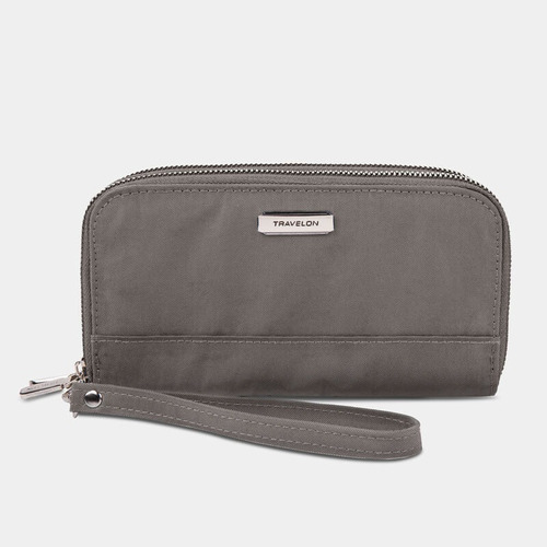 Travelon Cartera Doble Cremallera Con Bloqueo Rfid Gris Humo Color Marrón Claro Diseño De La Tela Liso