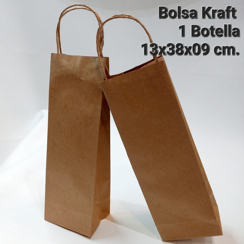 Bolsa Papel Kraft Madera 1 Botella Vino 13x38x09- Pack X100u