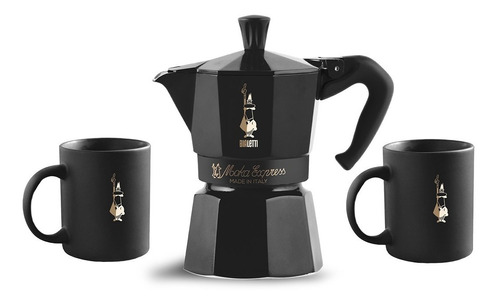 Cafeteira Bialetti Moka Preta 6 Xicaras Italiana + 2 Canecas Cor Preto