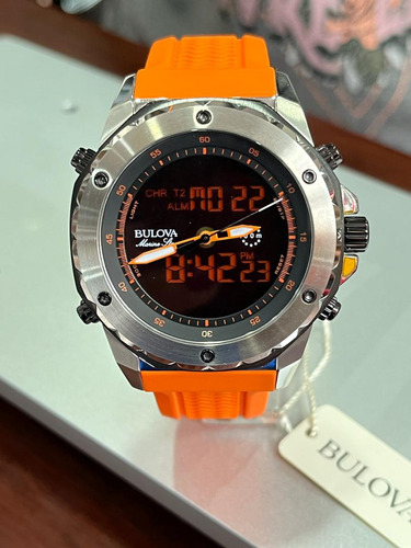 Reloj Bulova Dual Analógico Y Digital Anaranjado Con Garantí