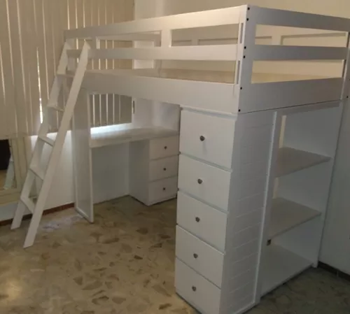 Dormitorio con cama individual amueblado con mueble con baldas cajoneras y  puertas de madera de peral