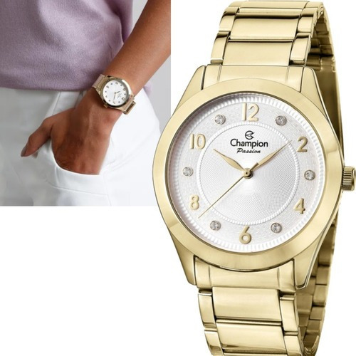 Relógio Champion Feminino Dourado Strass P/d'água Cn29230h Cor do fundo Branco