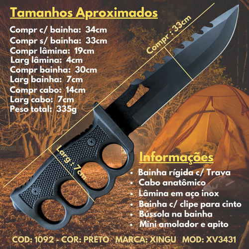 Faca Tática Grande C/ Bainha Bussola Esportiva Militar Pesca