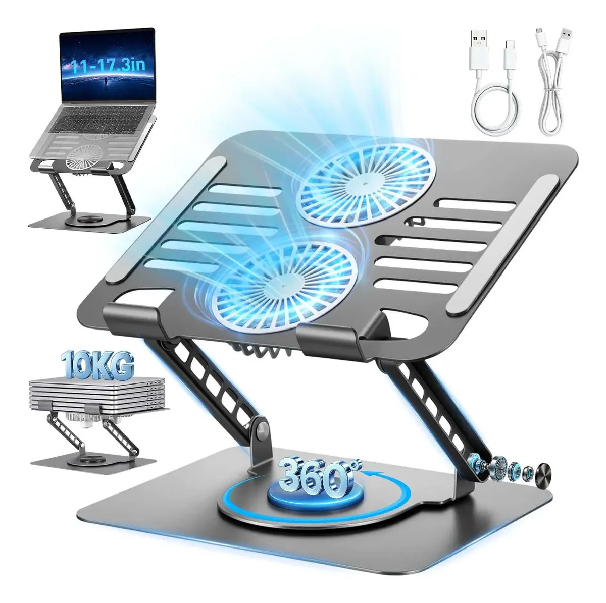 Soporte para Laptop con Enfriamiento de Doble Ventilador, Base para laptop Giratoria 360°, Altura Ajustable, Soporte Lap