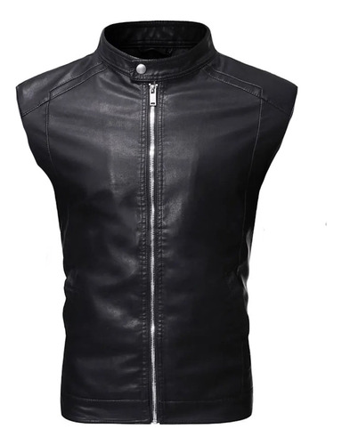 Chaleco Rockero De Piel Hombre Slim Biker Cuello Alto C6