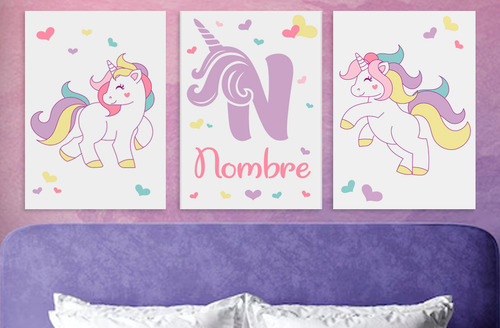 Set 3 Cuadros Personalizados Nombre Unicornio 28x40cm