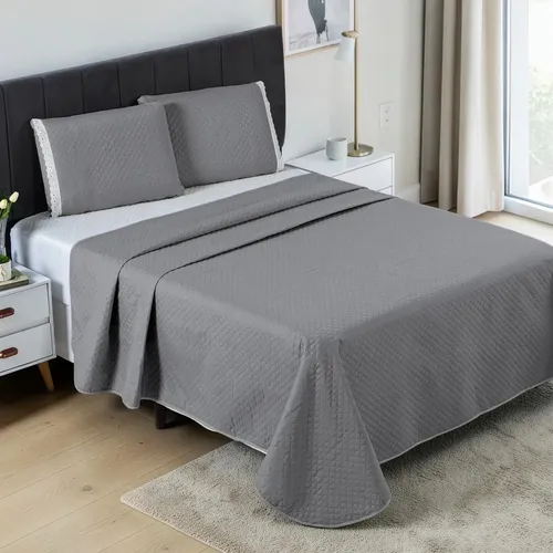 Cobre Leito Casal Queen 3 Peças Colcha Cama Kit Conforto Cinza Liso