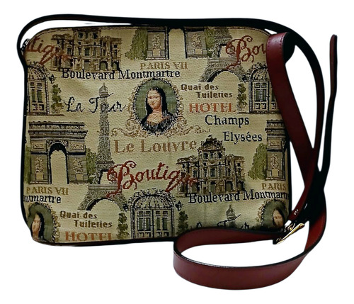 Cartera Bandolera De Gobelino Moda Circular Crema Estampado Níquel Bordó (Usado)