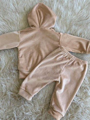 Conjunto Plush Campera Con Capucha Y Pantalon Bebe Invierno Marrón Claro 9-12 M