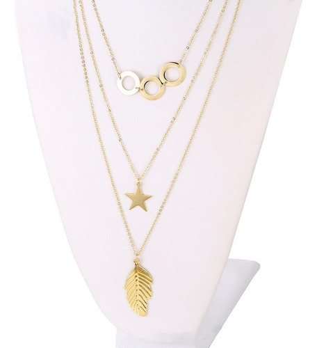 Fino Collar Multiple Estrella Pluma Aros Oro 14k Lam Color Dorado