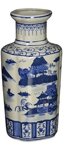 Oriental Furniture - Jarrón De Porcelana Azul Y Blanca Con P